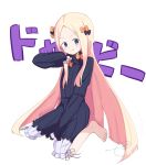  1girl abigail_williams_(fate/grand_order) absurdres bangs barefoot black_bow black_dress black_hat blonde_hair bloomers blue_eyes blush bow bug butterfly closed_mouth commentary_request dress eyebrows_visible_through_hair fate/grand_order fate_(series) forehead full_body hair_bow hat head_tilt highres insect kujou_karasuma long_hair long_sleeves looking_at_viewer orange_bow parted_bangs polka_dot polka_dot_bow signature simple_background sleeves_past_fingers sleeves_past_wrists smile solo translated underwear very_long_hair white_background white_bloomers 