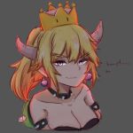  1girl bangs bare_shoulders black_dress blonde_hair blue_eyes bowsette breasts cleavage closed_mouth collar collarbone crown dress earrings eyebrows_visible_through_hair fang fang_out from_side grey_background hair_between_eyes horns jewelry large_breasts light_smile looking_at_viewer super_mario_bros. new_super_mario_bros._u_deluxe nintendo omerin pointy_ears simple_background sketch smug solo spiked_collar spiked_shell spikes strapless strapless_dress super_crown thick_eyebrows turtle_shell upper_body 