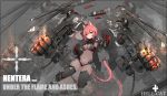  1girl animal_ears armor armored_boots armored_gloves bangs bikini_armor black_legwear bodysuit boots cat_ears cat_girl cat_tail chains commentary covered_navel english_commentary floating_weapon full_body gauntlets hair_ornament hairclip headgear highres huge_weapon mecha mechanical_fists mechanical_parts orange_eyes original pink_hair short_hair sidelocks solo syaha tail tail_ornament thigh-highs weapon zoom_layer 