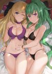  2girls ;) bikini black_bikini blonde_hair blue_eyes bracelet commentary cowboy_shot eyebrows_visible_through_hair glint green_hair green_heart hand_on_another&#039;s_stomach highres jewelry long_hair lying multiple_girls neptune_(series) o-ring o-ring_bikini o-ring_top on_back on_side one_eye_closed ponytail purple_bikini sendrawz side-tie_bikini sidelocks smile swimsuit thigh_gap vert very_long_hair violet_eyes 