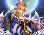  1girl animal_ear_fluff animal_ears breasts cleavage collarbone crown fang fate/grand_order fate_(series) fox_ears fox_girl fox_shadow_puppet fox_tail full_moon japanese_clothes large_breasts long_hair looking_at_viewer moon open_mouth pink_hair solo tail tamamo_(fate)_(all) tamamo_no_mae_(fate) trudy0816 yellow_eyes 