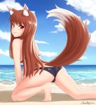  1girl all_fours animal_ears ass beach bikini brown_hair clouds commentary cslucaris english_commentary eyebrows_visible_through_hair holo long_hair looking_at_viewer ocean red_eyes signature sky smirk solo spice_and_wolf swimsuit tail wolf_ears wolf_tail 