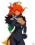  1girl black_dress black_nails blush borrowed_design bowsette bracelet breasts bright_pupils cleavage collar covered_navel cowboy_shot crown dark_skin dress earrings eyebrows_visible_through_hair gem glint hair_between_eyes hand_up highres horns jewelry large_breasts lizard_tail looking_at_viewer super_mario_bros. nail_polish new_super_mario_bros._u_deluxe nintendo orange_eyes pointy_ears ponytail reddgeist redhead shell signature simple_background slit_pupils smile solo spiked_armlet spiked_bracelet spiked_collar spiked_shell spiked_tail spikes super_crown tail turtle_shell white_background 
