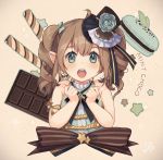  1girl blush bow brown_background brown_hair chocolate drill_hair final_fantasy final_fantasy_xiv food green_eyes hair_bow hat highres idol lalafell looking_at_viewer macaron mini_hat open_mouth peachy_michi pointy_ears sleeveless solo twin_drills upper_body 