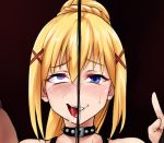  ahegao blonde_hair blue_eyes blush collar darkness_(konosuba) hair_ornament kono_subarashii_sekai_ni_shukufuku_wo! long_hair open_mouth ponytail rolling_eyes sereneandsilent spiked_collar spikes sweat x_hair_ornament 