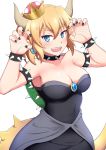  1girl :d armlet bare_shoulders black_nails blonde_hair blue_eyes blush bowsette bracelet breasts cleavage collar collarbone commentary_request crown earrings highres horns jewelry looking_at_viewer super_mario_bros. medium_breasts nail_polish new_super_mario_bros._u_deluxe nintendo open_mouth sharp_teeth short_hair simple_background smile solo spiked_armlet spiked_bracelet spiked_collar spikes sukeberosu super_crown tail teeth white_background 