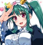 1girl :3 crown frills green_hair hairband highres kuroi_ginko long_hair long_sleeves looking_at_viewer maid mini_crown planet_with puffy_sleeves raiou red_eyes sidelocks twintails upper_body 