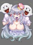  1girl boo breasts cleavage crown dress e90vwggy earrings frilled_dress frilled_gloves frills ghost ghost_pose gloves jewelry long_hair luigi&#039;s_mansion super_mario_bros. mini_crown new_super_mario_bros._u_deluxe nintendo pointy_ears princess_king_boo puffy_short_sleeves puffy_sleeves purple_tongue red_eyes sharp_teeth short_sleeves silver_hair simple_background super_crown teeth tilted_headwear tongue tongue_out white_dress white_gloves 