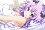  1girl adult_neptune bare_shoulders blush breasts commentary_request covered_nipples curly_hair d-pad d-pad_hair_ornament from_side grin hair_between_eyes hair_ornament indoors iwasi-r large_breasts long_hair looking_at_viewer lying neptune_(series) on_back on_bed shin_jigen_game_neptune_vii smile solo under_covers upper_body 