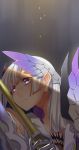  1girl armor brynhildr_(fate) brynhildr_romantia closed_mouth commentary cross_akiha expressionless eyebrows_visible_through_hair fate/grand_order fate_(series) gauntlets headpiece holding holding_spear holding_weapon long_hair polearm silver_hair simple_background solo spear violet_eyes weapon 