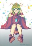  1girl absurdres adjusting_eyewear bracelet chiki cloak fire_emblem fire_emblem:_mystery_of_the_emblem fire_emblem_heroes full_body glasses green_eyes green_hair highres hood hood_down jewelry long_hair mamkute nintendo nishimura_(nianiamu) open_mouth pointy_ears simple_background sitting solo stone tiara twitter_username 