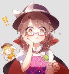  !! +_+ 2girls 60mai :3 :d :t animal_ears bangs black_cape black_hat blonde_hair blush bow brown_eyes brown_hair brown_hat cape cellphone commentary_request crop_top dango eyebrows_visible_through_hair flat_cap food glasses grey_background hand_on_own_cheek hand_up hat hat_bow high_collar holding holding_food holding_phone looking_at_viewer low_twintails midriff multiple_girls navel open_mouth orange_shirt phone puffy_short_sleeves puffy_sleeves purple_vest rabbit_ears red-framed_eyewear ringo_(touhou) sanshoku_dango shirt short_hair short_sleeves simple_background skull smartphone smile stomach touhou twintails upper_body usami_sumireko v vest wagashi white_bow white_shirt |_| 