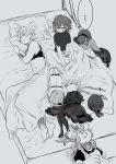  1boy 5girls absurdres animal_ears apron bare_shoulders barefoot bed bell bell_collar black_dress black_hat blanket braid cat_hair_ornament collar comic dark_skin dress drooling earrings fate/grand_order fate_(series) fox_ears fujimaru_ritsuka_(female) gilgamesh gilgamesh_(caster)_(fate) gloves greyscale hair_between_eyes hair_ornament hairband hassan_of_serenity_(fate) hat highres jack_the_ripper_(fate/apocrypha) jewelry maid_apron messy_hair monochrome multiple_girls nursery_rhyme_(fate/extra) paw_gloves paws pillow red003 short_hair short_sleeves sleeping tamamo_(fate)_(all) tamamo_cat_(fate) twin_braids waking_up 