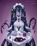  1girl alternate_hairstyle black_sclera blush breasts closed_mouth commentary covered_nipples cowboy_shot cup dress eldritch_abomination english_commentary extra_eyes fingernails food fork hair_between_eyes holding knife large_breasts long_hair maid maid_headdress monster_girl monster_girl_encyclopedia plate pudding purple_skin red_background shoggoth_(monster_girl_encyclopedia) signature smile solo spoon standing teacup teapot tentacle tissue tray twintails valldor very_long_hair white_dress yellow_eyes 