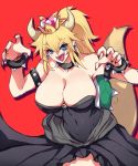  1girl armlet bare_shoulders black_dress black_nails blonde_hair borrowed_design bowsette bracelet breasts cleavage collar collarbone crown dress earrings genderswap hands_up horns jewelry large_breasts looking_at_viewer super_mario_bros. nail_polish negresco new_super_mario_bros._u_deluxe nintendo open_mouth pointy_ears red_background sharp_teeth spiked_armlet spiked_bracelet spiked_collar spiked_shell spiked_tail spikes strapless strapless_dress super_crown super_mario_bros. tail teeth transformation turtle_shell 