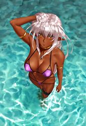  1girl absurdres adjusting_hair antenna_hair artist_request bikini breasts commentary commentary_request dark_elf dark_skin elf highres jewelry long_hair looking_at_viewer orange_eyes pointy_ears sansei_muramasa solo soukou_akki_muramasa swimsuit tan very_long_hair water white_hair 