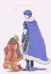  1boy 1girl blue_cape blue_eyes blue_hair bracelet cape chiki cloak closed_eyes closed_mouth fire_emblem fire_emblem:_mystery_of_the_emblem fire_emblem_heroes from_behind from_side fur_trim gauntlets green_hair hood jewelry long_hair looking_to_the_side mamkute marth murabito_ba nintendo open_mouth short_hair short_sleeves simple_background smile standing star tiara 