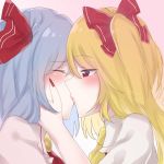  2girls ^_^ ascot bangs blonde_hair blue_hair blush brooch closed_eyes closed_eyes commentary_request dress esatongi eyebrows_visible_through_hair facing_another flandre_scarlet gradient gradient_background hair_ribbon incest jewelry kiss lips long_hair looking_at_another multiple_girls nail_polish no_hat no_headwear one_side_up pink_background pink_dress puffy_short_sleeves puffy_sleeves red_eyes red_nails red_neckwear red_ribbon red_vest remilia_scarlet ribbon shirt short_hair short_sleeves touhou upper_body vest white_background white_shirt yellow_neckwear yuri 
