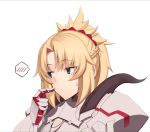  1girl :/ absurdres armor bangs blonde_hair blue_eyes blush boa_(brianoa) braid breastplate closed_mouth fate/apocrypha fate_(series) gauntlets hand_up highres looking_to_the_side mordred_(fate) mordred_(fate)_(all) parted_bangs pauldrons ponytail simple_background solo spoken_blush sweatdrop upper_body white_background 