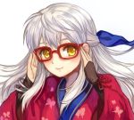  1girl adjusting_eyewear animal_print bespectacled blush butterfly_print fire_emblem fire_emblem:_akatsuki_no_megami glasses hair_ribbon japanese_clothes jurge kimono long_hair long_sleeves micaiah nintendo ribbon silver_hair simple_background smile solo upper_body white_background yellow_eyes yukata 