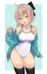  1girl :d absurdres ahoge ass_visible_through_thighs black_legwear breasts brown_eyes brown_hair collarbone competition_swimsuit covered_navel cowboy_shot fate/grand_order fate_(series) half_updo head_tilt highres iriehana jacket large_breasts looking_at_viewer off_shoulder okita_souji_(fate) okita_souji_(fate)_(all) one-piece_swimsuit open_clothes open_jacket open_mouth short_hair sleeves_past_wrists smile solo swimsuit thigh-highs 