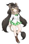  1girl animal_ears black_hair boots brown_hair character_request full_body fur_collar ise_(0425) kemono_friends long_hair looking_at_viewer multicolored_hair plaid plaid_neckwear plaid_skirt plaid_trim pleated_skirt shirt simple_background skirt solo tail unmoving_pattern very_long_hair white_background white_shirt yellow_eyes 