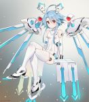  1girl absurdres artist_name bare_shoulders blue_hair boots breasts covered_navel elbow_gloves expressionless full_body gloves hair_between_eyes headgear highres legs legs_crossed leotard looking_at_viewer mechanical_wings neptune_(series) power_symbol red_eyes sendrawz short_hair_with_long_locks signature sitting skin_tight small_breasts solo symbol-shaped_pupils thigh-highs thigh_boots thighs white_gloves white_heart white_legwear white_leotard wings 