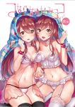  2girls absurdres babydoll bangs bare_shoulders black_legwear blanket blush bra breasts brown_hair choker cleavage collarbone commentary_request corset cover cover_page doujin_cover eyebrows_visible_through_hair fake_horns frilled_panties frills garter_belt hair_between_eyes hand_holding highres idolmaster idolmaster_shiny_colors lace lace-trimmed_thighhighs lingerie long_hair looking_at_viewer maumen medium_breasts multiple_girls navel oosaki_amana oosaki_tenka open_mouth panties pink_bra pink_panties ribbon see-through siblings simple_background sisters sitting smile thigh-highs twins underwear underwear_only white_background white_corset white_legwear white_panties wrist_ribbon yellow_eyes yokozuwari 