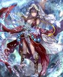  1girl armlet artist_request bare_shoulders barefoot beads black_hair blue_eyes chains cygames looking_at_viewer official_art prophetess_of_creation shadowverse shin_guards short_hair smile veil water 