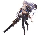  1girl arm_up bangs belt boots breasts brown_eyes cleavage closed_mouth collarbone granblue_fantasy gun huge_weapon jacket long_hair looking_at_viewer medium_breasts midriff minaba_hideo navel official_art open_clothes pants ponytail rifle scope serious shiny shiny_hair silva_(granblue_fantasy) silver_hair sniper_rifle solo transparent_background weapon 