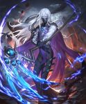  1boy artist_request blue_fire cape cygames fire gauntlets gloves half-closed_eyes holding holding_weapon jewelry long_hair looking_at_viewer mask mountain official_art pale_skin pendant rulenye_omen_of_silence scythe shadowverse tabard weapon white_hair 