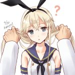  1girl ? blonde_hair blue_eyes blue_sailor_collar crop_top dated elbow_gloves gloves holding holding_hair kantai_collection kurage1 long_hair looking_at_viewer low_twintails pov sailor_collar shimakaze_(kantai_collection) simple_background solo twintails twitter_username upper_body white_background white_gloves 