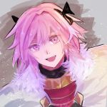  1boy armor artist_request astolfo_(fate) black_bow black_ribbon bow cloak commentary_request fang fate/apocrypha fate_(series) fur-trimmed_cloak fur_trim hair_intakes hair_ribbon highres looking_at_viewer male_focus multicolored_hair open_mouth pink_eyes pink_hair ribbon smile solo streaked_hair white_hair 