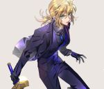  1girl artoria_pendragon_(all) black_gloves black_neckwear blonde_hair collared_shirt commentary_request excalibur eyelashes fate/zero fate_(series) formal gloves green_eyes grey_background grey_shirt hair_between_eyes hair_tie holding holding_sword holding_weapon jacket necktie pant_suit pants parted_lips ponytail purple_jacket purple_pants purple_vest saber shirt simple_background solo standing suit sword tenobe vest weapon wing_collar 