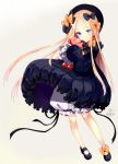  1girl abigail_williams_(fate/grand_order) azuma_yuki bangs black_bow black_dress black_footwear black_hat blonde_hair bloomers blue_eyes blush bow brown_background bug butterfly closed_mouth dress eyebrows_visible_through_hair fate/grand_order fate_(series) forehead gradient gradient_background hair_bow hat insect long_hair long_sleeves looking_at_viewer mary_janes object_hug orange_bow parted_bangs polka_dot polka_dot_bow shoes signature sleeves_past_fingers sleeves_past_wrists smile solo standing stuffed_animal stuffed_toy teddy_bear twitter_username underwear very_long_hair white_background white_bloomers 