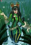  1girl :p alan_campos asui_tsuyu blue_eyes bodysuit boku_no_hero_academia breasts goggles goggles_on_head grass green_hair hair_between_eyes highres lily_pad long_hair looking_at_viewer medium_breasts solo tongue tongue_out wading watermark web_address wide_hips 