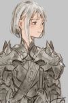  1girl armor breastplate brown_eyes closed_mouth grey_background grey_hair highres looking_to_the_side original pauldrons reido_(reido_c) short_hair simple_background sketch solo upper_body 