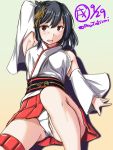  1girl armpits artist_logo black_hair dated detached_sleeves hair_ornament kantai_collection looking_at_viewer lying nontraditional_miko open_mouth panties pantyshot red_eyes short_hair solo tatsumi_ray twitter_username underwear white_panties wide_sleeves yamashiro_(kantai_collection) 