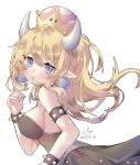  1girl 2018 albinoraccoon armlet artist_name bangs bare_shoulders black_collar black_dress blonde_hair blue_eyes bowsette bracelet breasts collar commentary crown dated dress earrings eyebrows_visible_through_hair hand_up highres horns jewelry long_hair looking_at_viewer looking_back super_mario_bros. medium_breasts new_super_mario_bros._u_deluxe nintendo palms parted_lips pointy_ears ponytail sideboob sidelocks simple_background solo spiked_bracelet spiked_collar spikes star strapless strapless_dress super_crown symbol_commentary upper_body white_background 