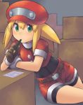  1girl bike_shorts bike_shorts_under_shorts box brown_gloves cabbie_hat cardboard_box gloves green_eyes hair_pulled_back hat highres looking_at_viewer m.m pencil red_hat red_shorts rockman rockman_dash roll roll_caskett short_sleeves shorts 