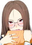  1girl bangs blush bracelet brown_hair commentary_request fingernails glasses hi_iro jewelry long_sleeves looking_at_viewer nail_polish original parted_bangs parted_lips pink_nails red_eyes ring round_eyewear simple_background slit_pupils solo upper_body white_background 