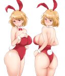  1girl animal_ears ass azur_lane bangs bare_shoulders blonde_hair blush bow bowtie braid breasts bunny_girl bunny_tail bunnysuit cleavage crown_braid detached_collar drop_earrings eyebrows_visible_through_hair fake_animal_ears french_braid hand_on_hip hand_on_own_chest hand_on_own_stomach highres large_breasts leotard looking_at_viewer looking_back oumi_(rsag) parted_lips prince_of_wales_(azur_lane) rabbit_ears red_eyes red_leotard red_neckwear shiny shiny_skin short_hair simple_background solo standing strapless strapless_leotard sweatdrop tail wavy_mouth white_background wrist_cuffs 