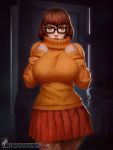  1girl blush breast_suppress breasts brown_eyes brown_hair commentary dark doorway english_commentary facing_viewer georgy_stacker glasses hands_on_own_chest highres indoors large_breasts lips looking_at_viewer orange_shirt orange_sweater pleated_skirt red_lips ribbed_sweater scooby-doo shirt short_hair skirt solo standing sweater turtleneck velma_dace_dinkley watermark web_address 