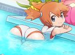  1girl ass bent_over blue_eyes creatures_(company) game_freak gym_leader highres kasumi_(pokemon) looking_at_viewer merunyaa nintendo one-piece_swimsuit partially_submerged pokemon pokemon_(game) ponytail pool short_ponytail smile solo swimsuit water watermark wet white_swimsuit 