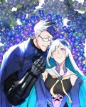  1boy 1girl aqua_hair armor blue_eyes blue_flowers blush boorunrun brynhildr_(fate) closed_eyes closed_mouth commentary_request fate/grand_order fate_(series) flower gauntlets glasses hand_holding headpiece holding long_hair multicolored_hair one_eye_closed sigurd_(fate/grand_order) smile spikes spiky_hair two-tone_hair very_long_hair violet_eyes 