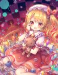  1girl :d birdcage blonde_hair blueberry blurry blush bow cage checkered checkered_background chromatic_aberration commentary_request crystal fang flandre_scarlet food frilled_shirt_collar frills fruit hair_bow hand_on_own_cheek hand_on_own_face hand_up hat mob_cap object_hug one_side_up open_mouth pjrmhm_coa puffy_short_sleeves puffy_sleeves red_bow red_eyes red_skirt red_vest shirt short_sleeves sitting skirt smile solo stuffed_animal stuffed_toy teddy_bear touhou vest wariza white_hat white_shirt wings wrist_cuffs 