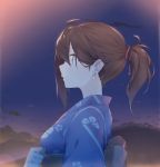  1girl back_bow blue_kimono bow brown_eyes brown_hair clouds earrings fhang fingernails glint grey_bow hair_ribbon hand_up japanese_clothes jewelry kimono looking_away mountain night night_sky obi original outdoors parted_lips ponytail profile red_ribbon ribbon sash sidelocks sky solo star_(sky) starry_sky upper_body 