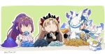  1boy 2girls anger_vein animal_on_face asaya_minoru blonde_hair blue_hair cu_chulainn_(fate/prototype) earrings eating ereshkigal_(fate/grand_order) fate/grand_order fate_(series) fou_(fate/grand_order) gameplay_mechanics gem holy_grail_(fate) jewelry magatama multiple_girls ponytail purple_hair scathach_(fate)_(all) scathach_skadi_(fate/grand_order) shaking spoon stake tiara twintails 