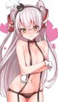 1girl amatsukaze_(kantai_collection) bangs black_panties blush breasts brown_eyes closed_mouth commentary_request cowboy_shot eyebrows_visible_through_hair garter_straps gloves hair_between_eyes hair_tubes heart highres kantai_collection konnyaku_(kk-monmon) long_hair looking_at_viewer navel panties silver_hair simple_background solo standing two_side_up underwear underwear_only very_long_hair 