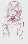  1girl copyright_request greyscale hair_over_one_eye looking_at_viewer misumi_(macaroni) monochrome open_mouth short_hair solo tongue tongue_out 